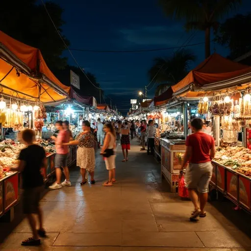 Night market in Hua Hin bustling with tourists and locals, colorful stalls with street food, souvenirs, and lights