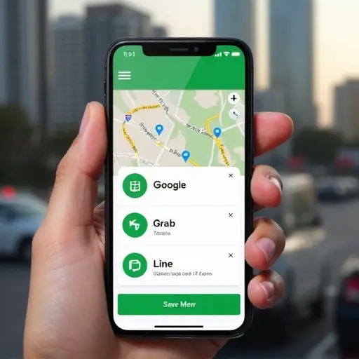 Smartphone screen showing Google Maps, Google Translate, Grab and Line apps for travelers in Bangkok