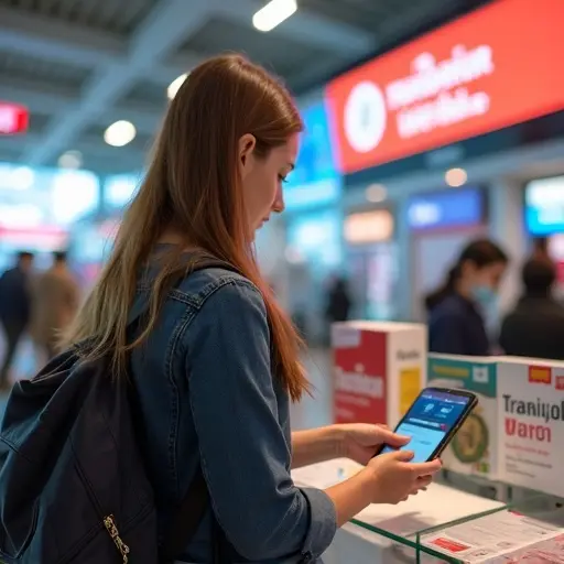 Tourist buying a local Thai SIM card at airport kiosk with colorful branding of Thai mobile operators