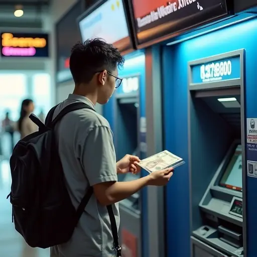 Tourist withdrawing money from ATM at Bangkok airport with visible currency exchange signs