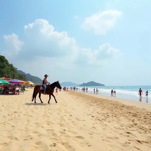 Wide view of Hua Hin main beach with people walking, horse riding on sand, and vendors selling fruits in the background